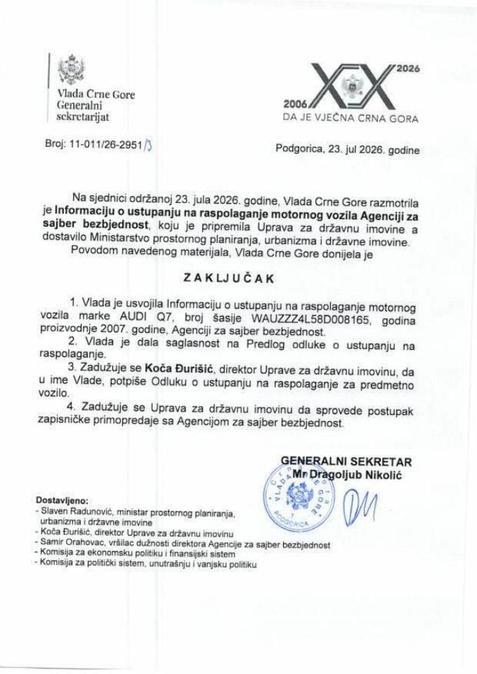 Informacija o ustupanju na raspolaganje motornog vozila Agenciji za sajber bezbjednost - Zaključci