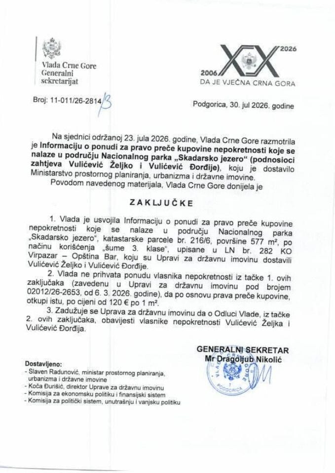 Информација о понуди за право прече куповине непокретности које се налазе у подручју Националног парка „Скадарско језеро“ (подносиоци захтјева Вулићевић Жељко и Вулићевић Ђорђије) - Закључци