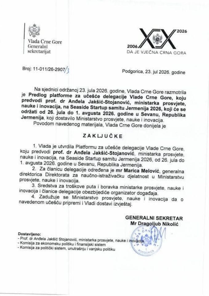 Предлог платформе за учешће делегације Владе Црне Горе, коју предводи проф. др Анђела Јакшић-Стојановић, министарка просвјете, науке и иновација, на Seaside Startup самиту Јерменија 2026 - Закључци