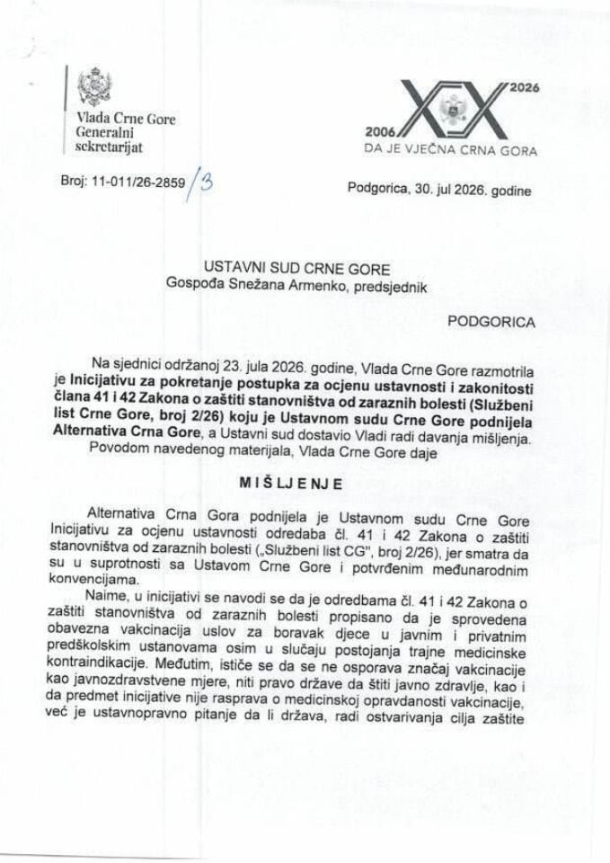 Predlog mišljenja na Inicijativu za pokretanje postupka za ocjenu ustavnosti odredaba čl. 41 i 42 Zakona o zaštiti stanovništva od zaraznih bolesti („Službeni list CG“, broj 2/26), koju je podnijela Alternativa Crna Gora, sa sjedištem u Podgorici - Zaključci