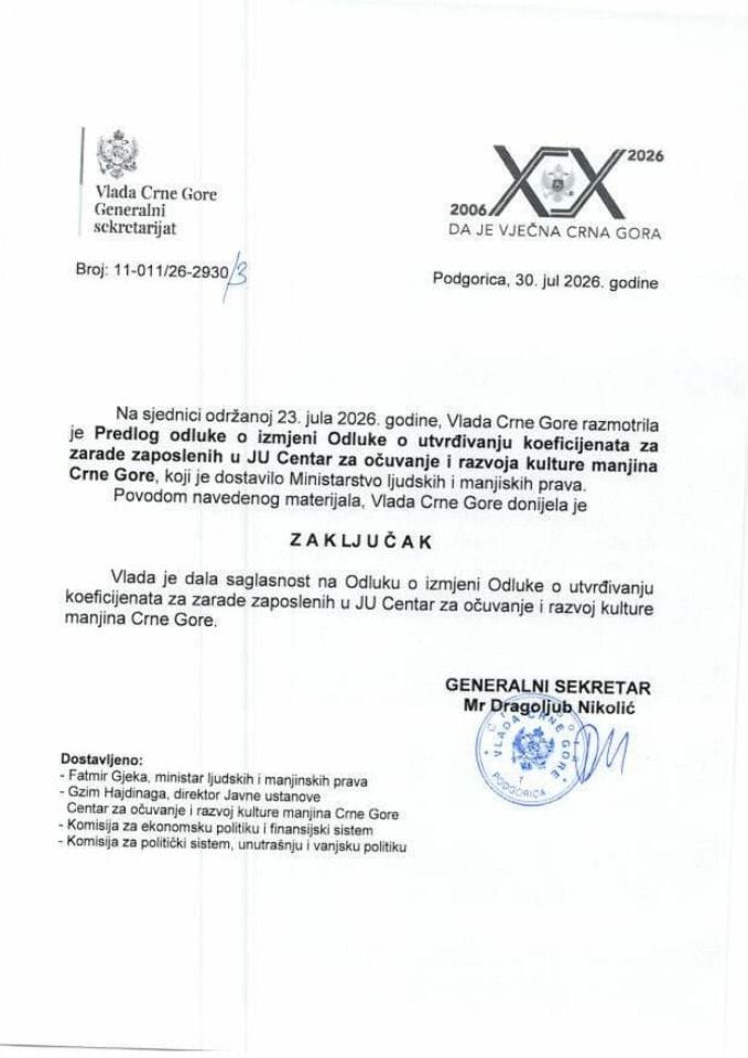 Predlog odluke o izmjeni Odluke o utvrđivanju koeficijenata za zarade zaposlenih u JU Centar za očuvanje i razvoj kulture manjina Crne Gore - Zaključci