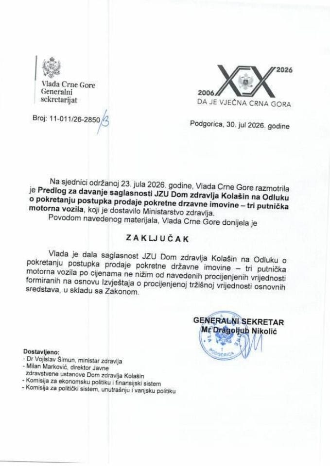 Predlog za davanje saglasnosti JZU Dom zdravlja Kolašin na Odluku o pokretanju postupka prodaje pokretne državne imovine - tri putnička motorna vozila - zaključci