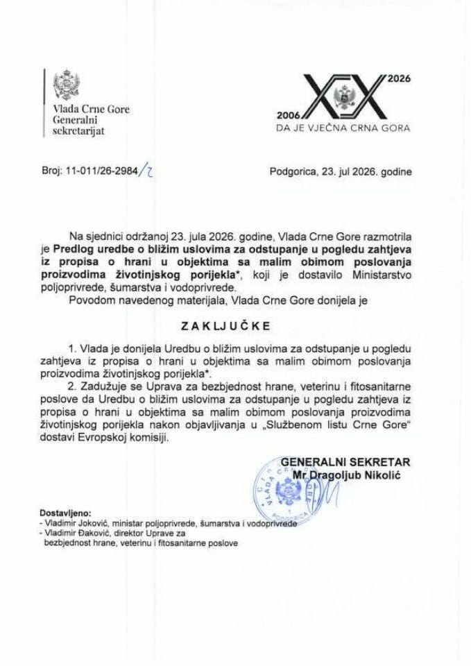 Predlog uredbe o bližim uslovima za odstupanje u pogledu zahtjeva iz propisa o hrani u objektima sa malim obimom poslovanja prozivodima životinjskog porijekla* - Zaključci