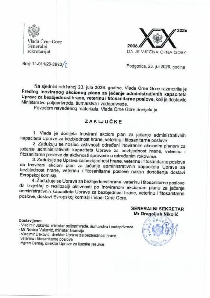 Inovirani akcioni plan za jačanje administrativnih kapaciteta Uprave za bezbjednost hrane, veterinu i fitosanitarne poslove - Zaključci