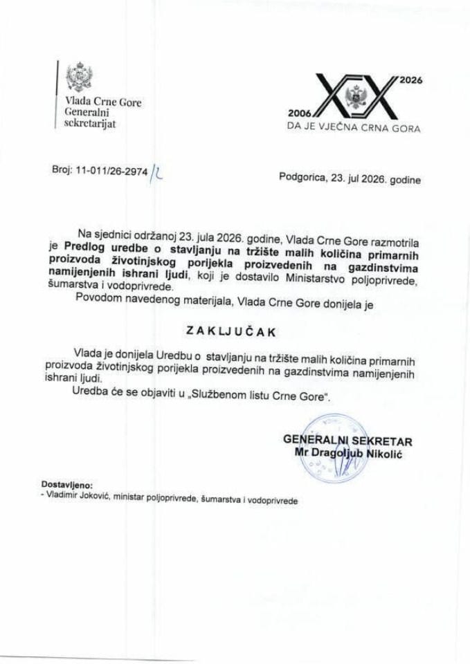 Predlog uredbe o stavljanju na tržište malih količina primarnih proizvoda životinjskog porijekla proizvedenih na gazdinstvima namijenjenih ishrani ljudi - Zaključci