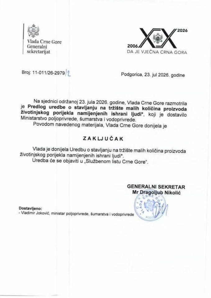 Predlog uredbe o stavljanju na tržište malih količina proizvoda životinjskog porijekla namijenjenih ishrani ljudi* - Zaključci