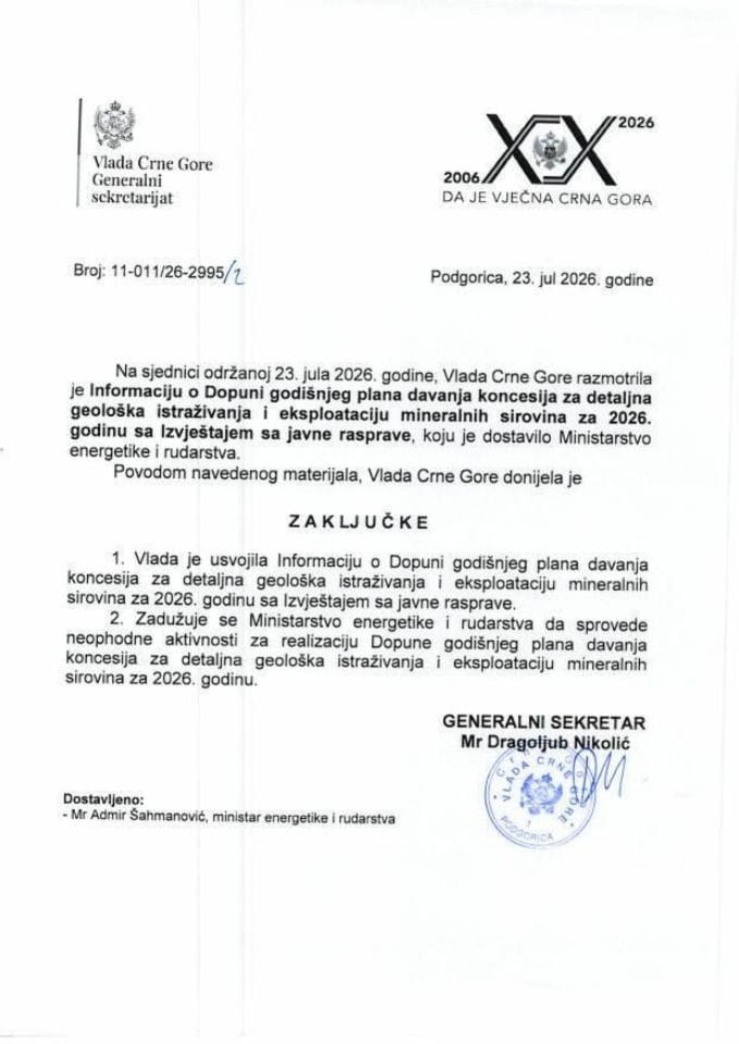 Informacija o Dopuni godišnjeg plana davanja koncesija za detaljna geološka istraživanja i eksploataciju mineralnih sirovina za 2026. godinu sa Izvještajem sa javne rasprave - Zaključci