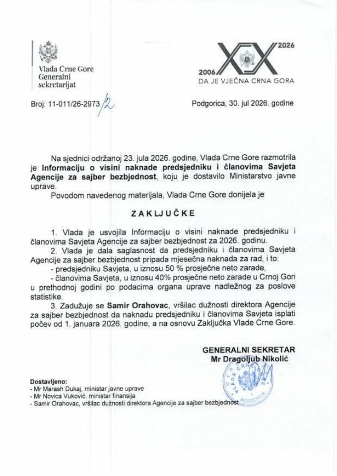 Информација о висини накнаде предсједнику и члановима Савјета Агенције за сајбер безбједност - Закључци