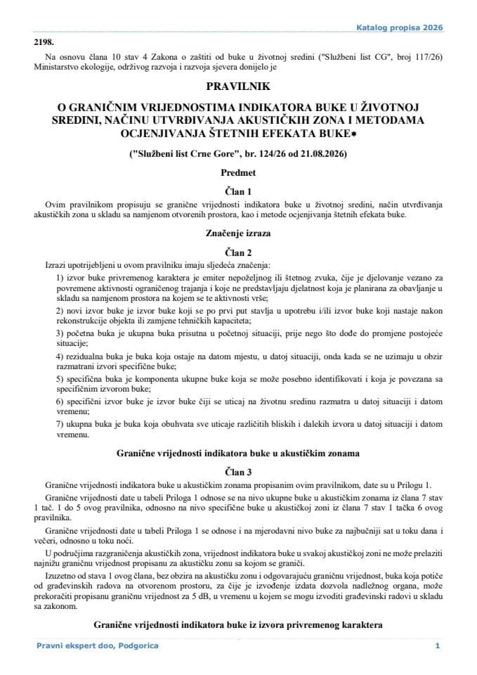 Pravilnik o graničnim vrijednostima indikatora buke u životnoj sredini načinu utvrđivanja akustičkih zona i metodama ocjenjivanja štetnih efekata buke