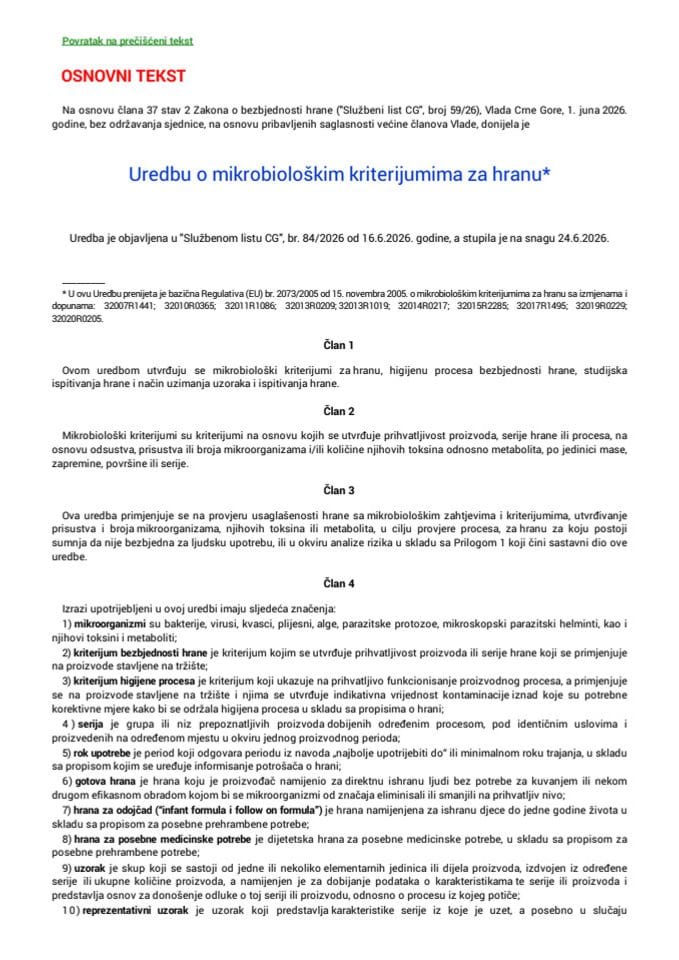 Uredba o izmjeni Uredbe o mikrobiološkim kriterijumima za hranu
