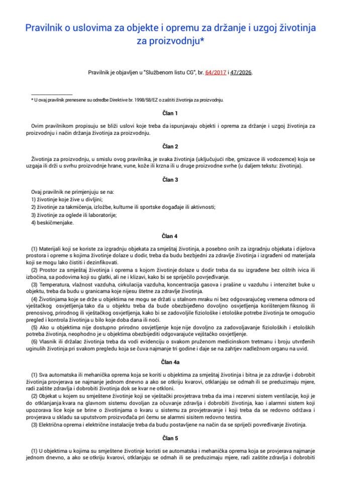 Pravilnik o uslovima za objekte i opremu za držanje i uzgoj životinja za proizvodnju