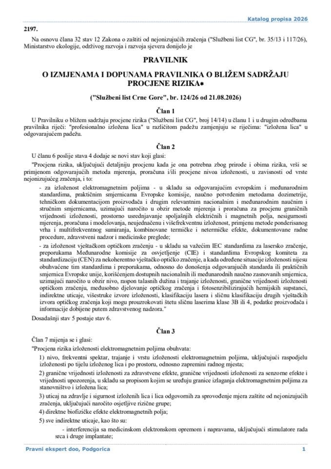 Pravilnik o izmjenama i dopunama Pravilnika o bližem sadržaju procjene rizika