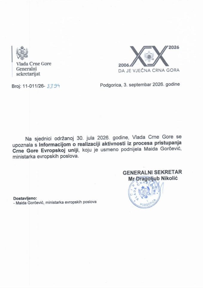 Usmena informacija o realizaciji aktivnosti iz procesa pristupanja Crne Gore Evropskoj uniji - Zaključci