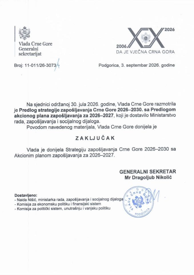 Predlog strategije zapošljavanja Crne Gore 2026-2030. sa Predlogom akcionog plana zapošljavanja za 2026-2027 - Zaključci