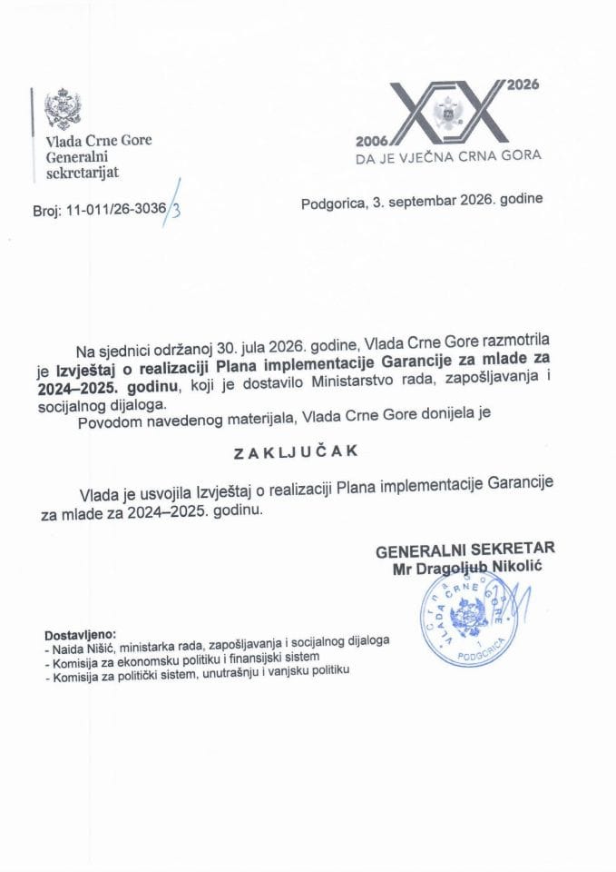 Izvještaj o realizaciji Plana implementacije Garancije za mlade za 2024-2025. godinu - Zaključci