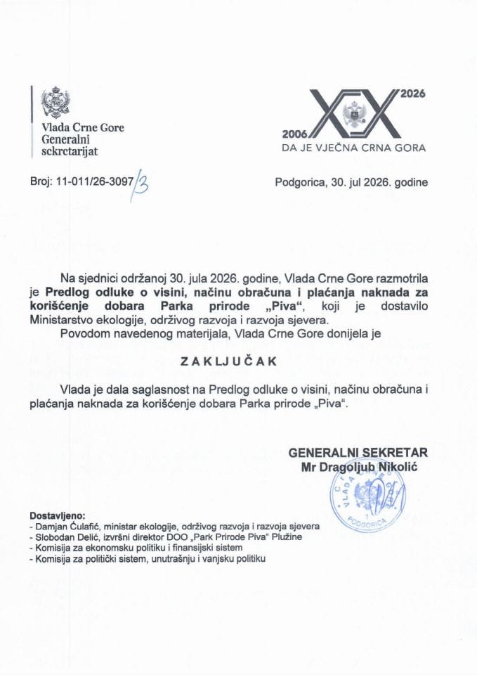 Predlog odluke o visini, načinu obračuna i plaćanja naknada za korišćenje dobara Parka prirode „Piva“ - Zaključci