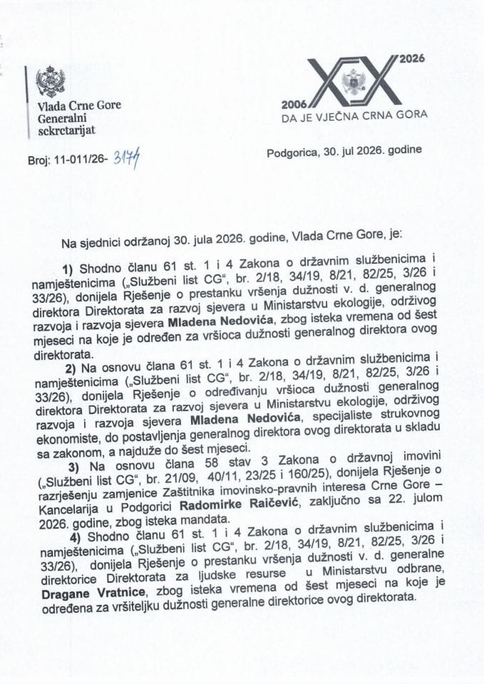 Kadrovska pitanja - 136. sjednica Vlade - Zaključci