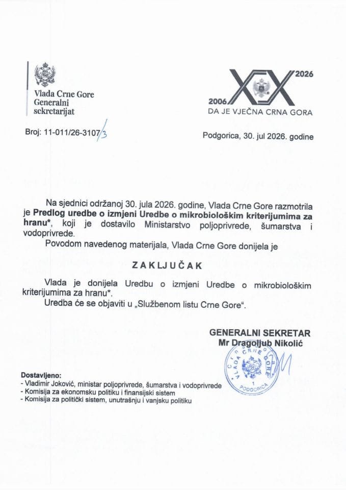 Predlog uredbe o izmjeni Uredbe o mikrobiološkim kriterijumima za hranu* - Zaključci
