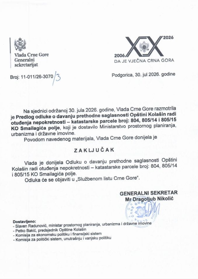 Predlog odluke o davanju prethodne saglasnosti Opštini Kolašin radi otuđenja nepokretnosti - katastarske parcele broj 804, 805/14 i 805/15, KO Smailagića Polje - Zaključci