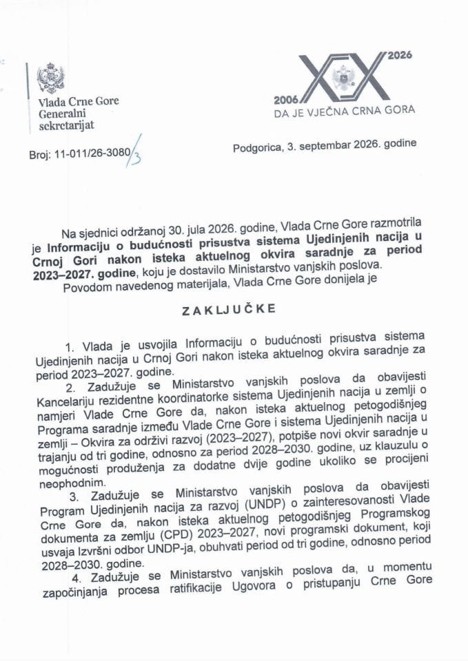 Informacija o budućnosti prisustva sistema Ujedinjenih nacija u Crnoj Gori nakon isteka aktuelnog okvira saradnje za period 2023-2027. godine - Zaključci