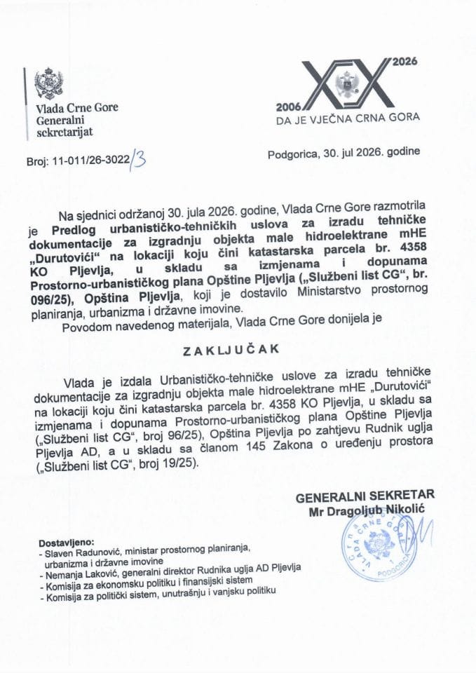 Predlog urbanističko-tehničkih uslova za izradu tehničke dokumentacije za izgradnju objekta male hodroelektrane mHE „Durutovići“ na lokaciji koju čini katstatarska parcela br. 4358 KO Pljevlja - Zaključci