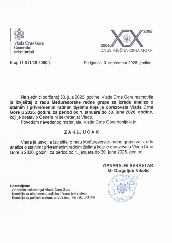Izvještaj o radu Međuresorske radne grupe za izradu analize o stalnim i privremenim radnim tijelima koje je obrazovala Vlada Crne Gore u 2026. godini, za period od 1. januara do 30. juna 2026. godine - Zaključci