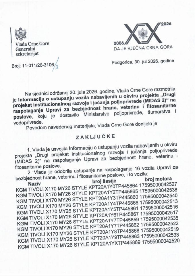 Informacija o ustupanju vozila nabavljenih u okviru projekta „Drugi projekat institucionalnog razvoja i jačanja poljoprivrede (MIDAS 2)“ na raspolaganje Upravi za bezbjednost hrane, veterinu i fitosanitarne poslove - Zaključci