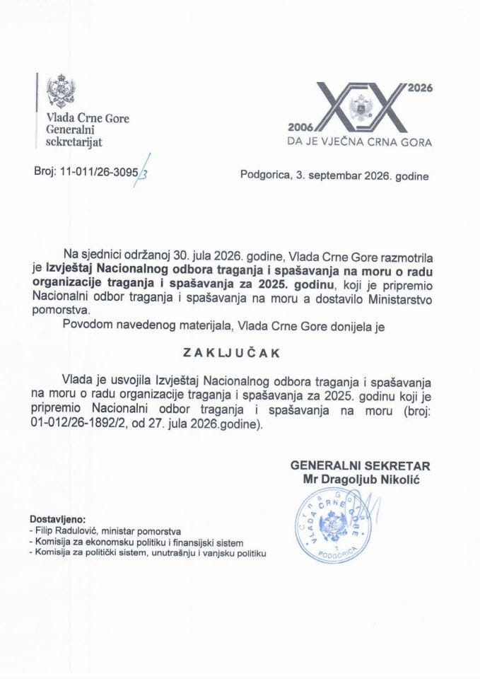Izvještaj Nacionalnog odbora traganja i spašavanja na moru o radu organizacije traganja i spašavanja za 2025. godinu - Zaključci