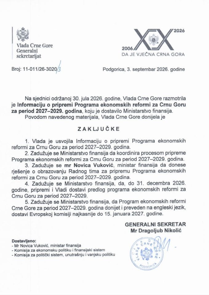Informacija o pripremi Programa ekonomskih reformi za Crnu Goru za period 2027 - 2029. godina - Zaključci