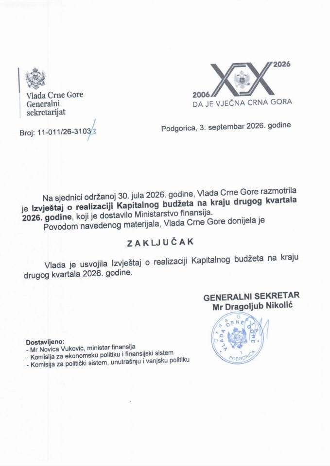 Izvještaj o realizaciji Kapitalnog budžeta na kraju drugog kvartala 2026. godine - Zaključci