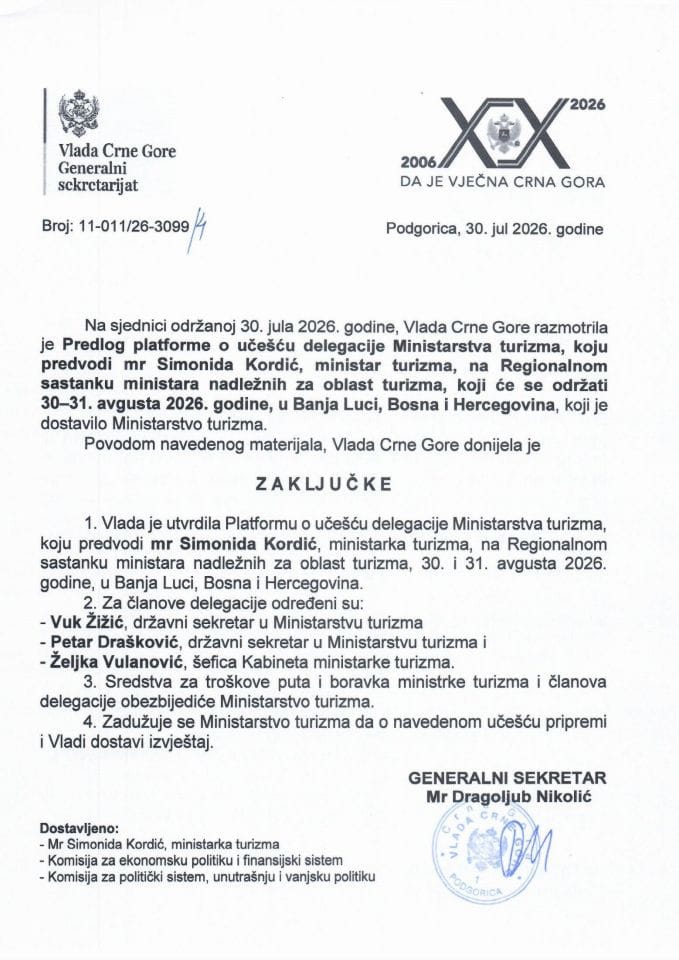 Predlog platforme o učešću delegacije Ministarstva turizma, koju predvodi mr Simonida Kordić, ministar turizma, na Regionalnom sastanku ministara nadležnih za oblast turizma, koji će se održati 30–31. avgusta 2026. godine u Banja Luci - Zaključci