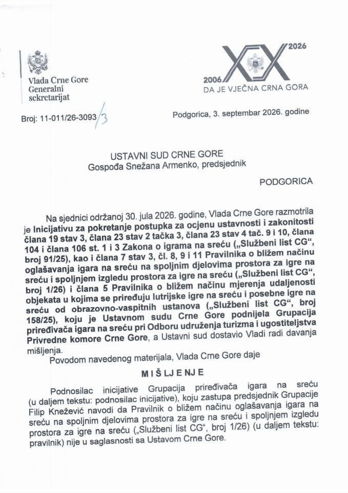 Predlog mišljenja na Inicijativu za pokretanje postupka za ocjenu ustavnosti i zakonitosti člana 19 stav 3, člana 23 stav 2 tačka 3, člana 23 stav 4 tač. 9 i 10, člana 104 i člana 106 st. 1 i 3 Zakona o igrama na sreću - Zaključci