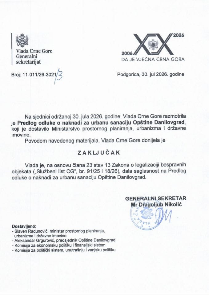Predlog odluke o naknadi za urbanu sanaciju opštine Danilovgrad - Zaključci