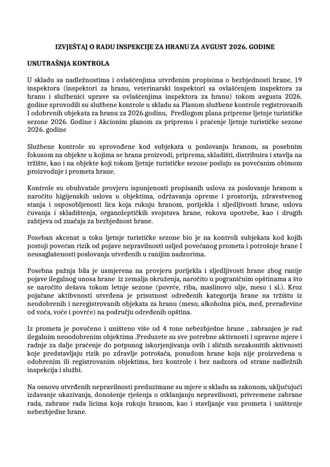 Izvještaj o radu inspekcije za hranu - avgust 2026.