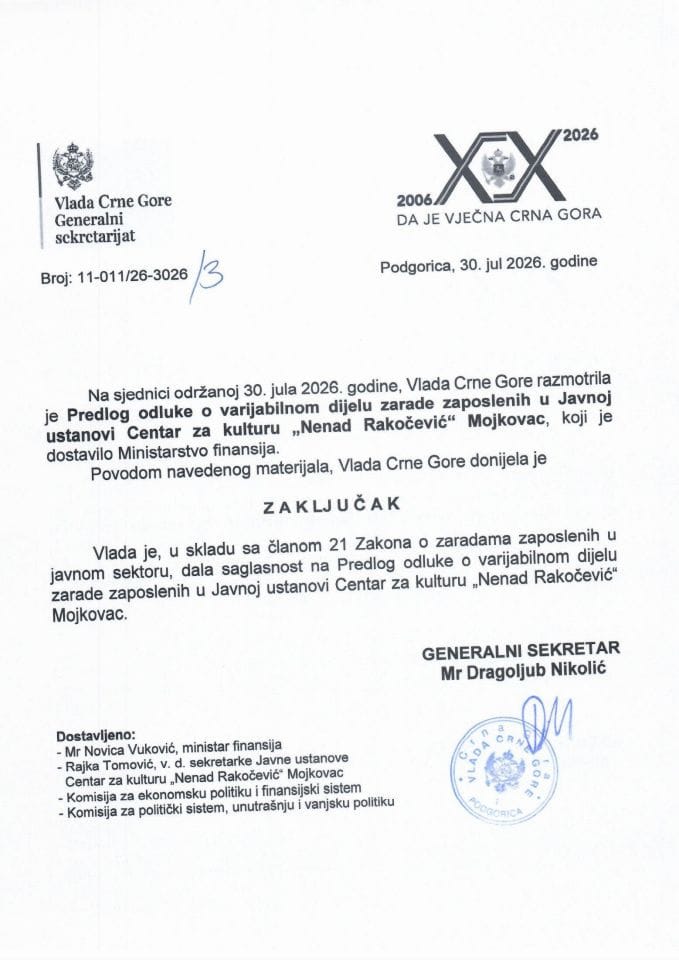 Predlog odluke o varijabilnom dijelu zarade zaposlenih u Javnoj ustanovi Centar za kulturu „Nenad Rakočević“ Mojkovac - Zaključci