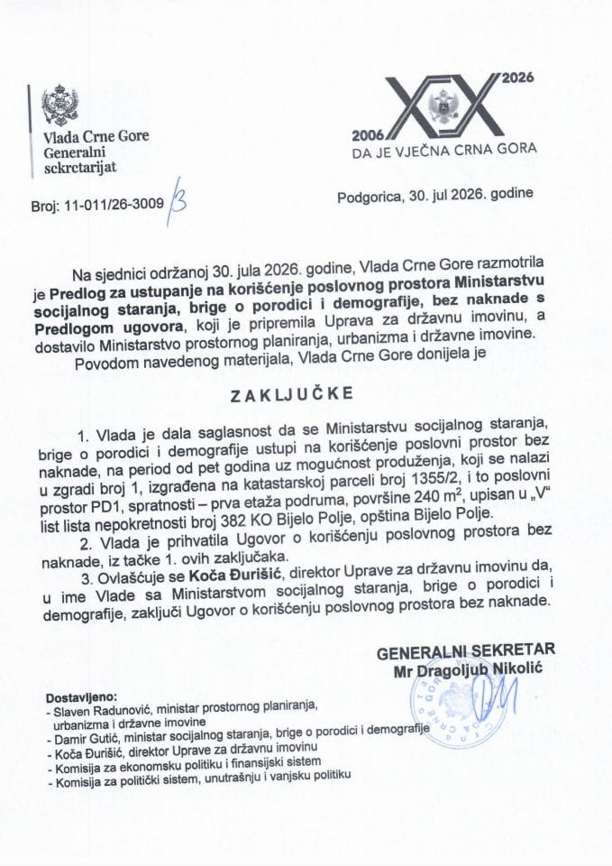 Predlog za ustupanje na korišćenje poslovnog prostora Ministarstvu socijalnog staranja, brige o porodici i demografije, bez naknade s Predlogom ugovora - Zaključci