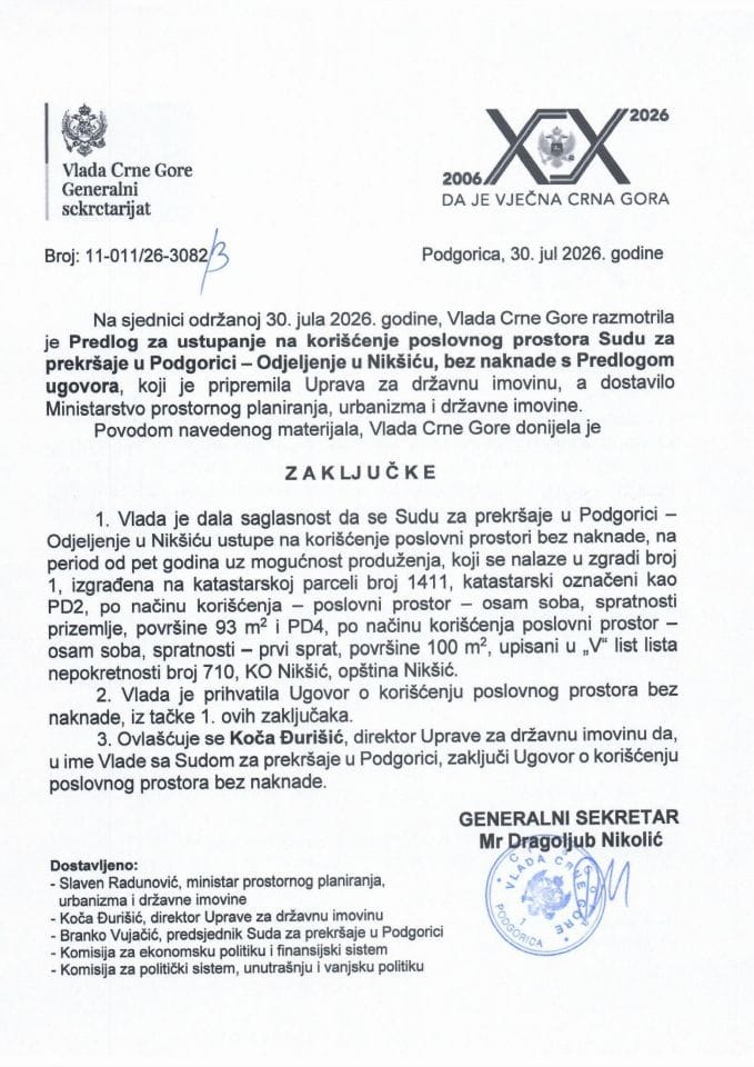 Predlog za ustupanje na korišćenje poslovnog prostora Sudu za prekršaje u Podgorici – Odjeljenje u Nikšiću, bez naknade s Predlogom ugovora - Zaključci