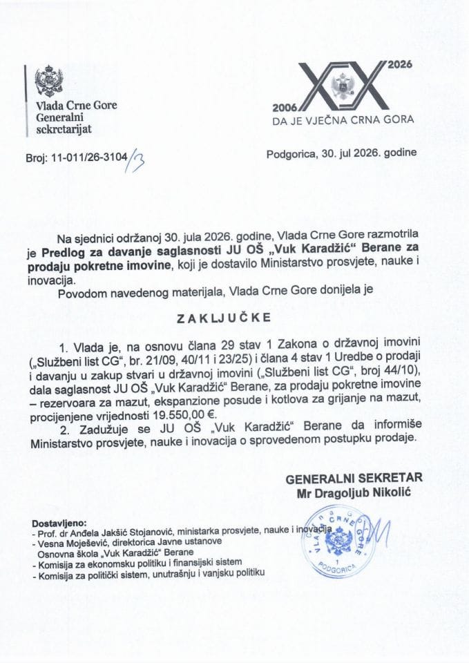 Predlog za davanje saglasnosti JU OŠ „Vuk Karadžić“ Berane za prodaju pokretne imovine - Zakljućci