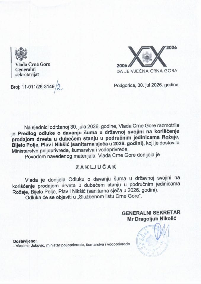 Predlog odluke o davanju šuma u državnoj svojini na korišćenje prodajom drveta u dubećem stanju u područnim jedinicama Rožaje, Bijelo Polje, Plav i Nikšić (sanitarna sječa u 2026. godini) - Zaključci