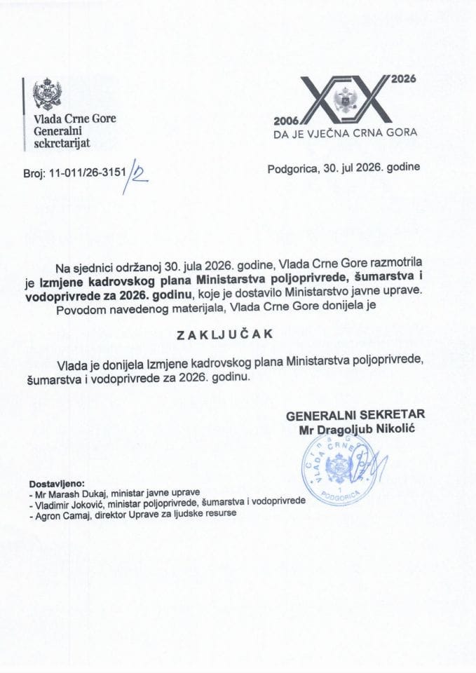 Izmjene Kadrovskog plana Ministarstva poljoprivrede, šumarstva i vodoprivrede za 2026. godinu - Zaključci