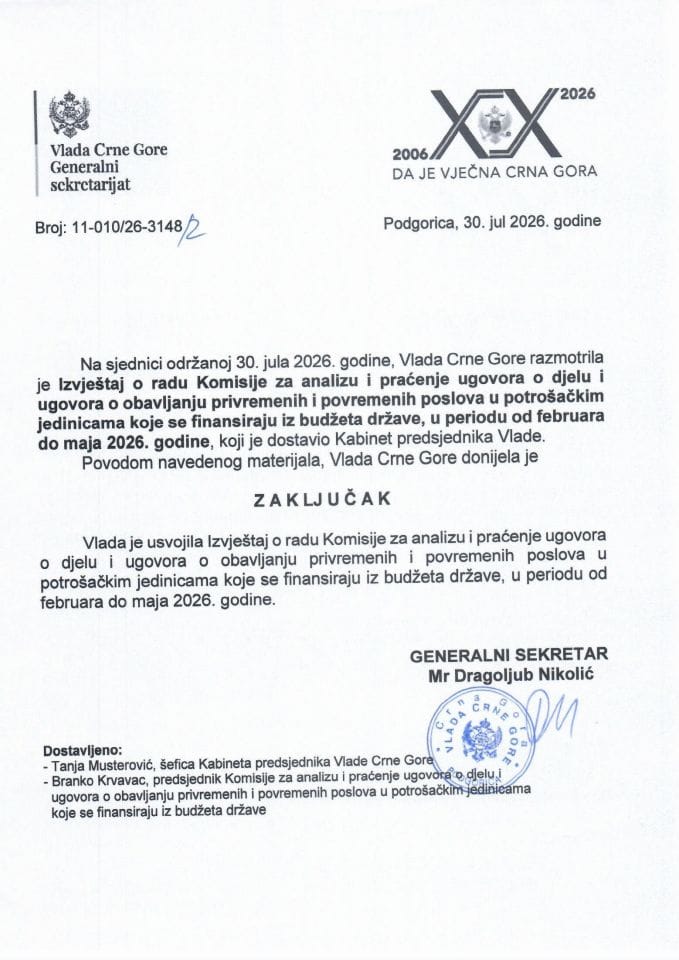 Izvještaj o radu Komisije za analizu i praćenje ugovora o djelu i ugovora o obavljanju privremenih i povremenih poslova u potrošačkim jedinicama koje se finansiraju iz budžeta države, u periodu od februara do maja 2026. godine - Zaključci