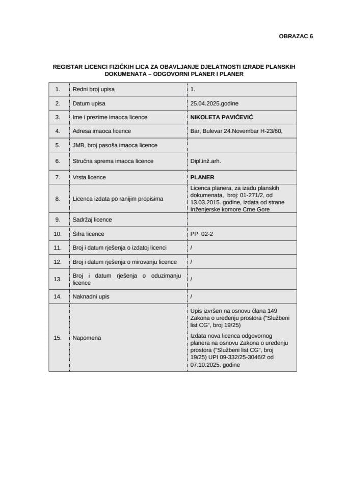 Licence - Registar licenci fizickih lica