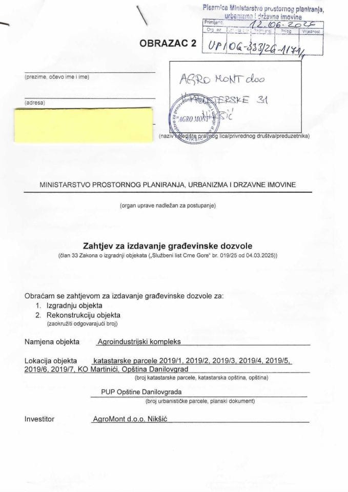 Zahtjevi za izdavanje građevinske dozvole - UPI 06_333_26-1171_1 AGROMONT d.o.o.