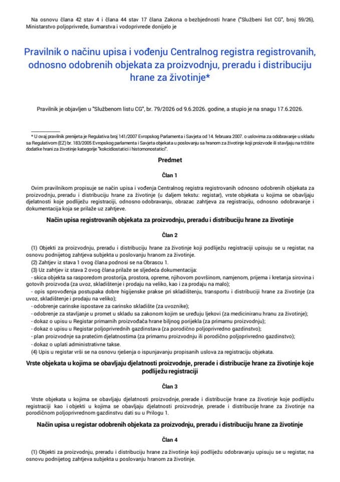 Pravilnik o načinu upisa i vođenju Centralnog registra registrovanih odnosno odobrenih objekata za proizvodnju, preradu i distribuciju hrane za životinje