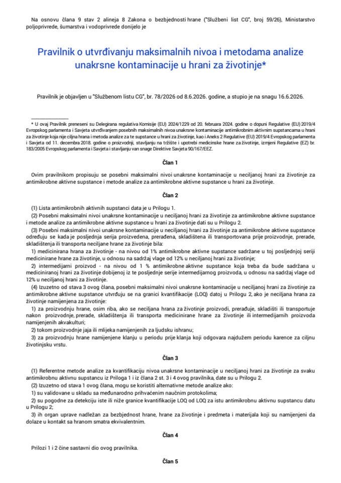 Pravilnik o utvrđivanju maksimalnih nivoa i metodama analize unakrsne kontaminacije u hrani za životinje