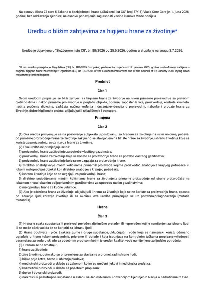 Uredba o bližim zahtjevima za higijenu hrane za životinje