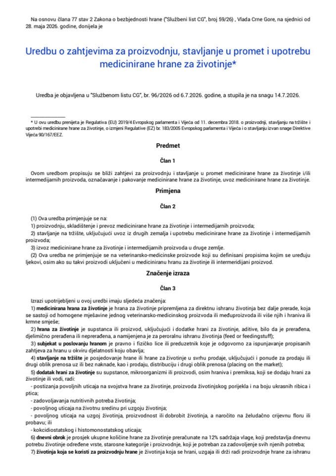 Uredba o zahtjevima za proizvodnju, stavljanje u promet i upotrebu medicinirane hrane za životinje