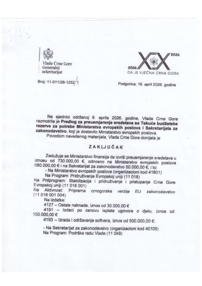 Zaključak Vlade Crne Gore o preusmjerenju sredstava Sekretarijatu za zakonodavstvo