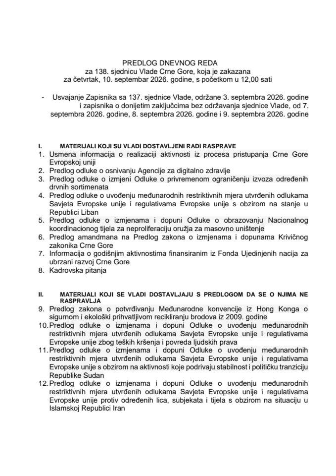 Predlog dnevnog reda za 138. sjednicu Vlade Crne Gore