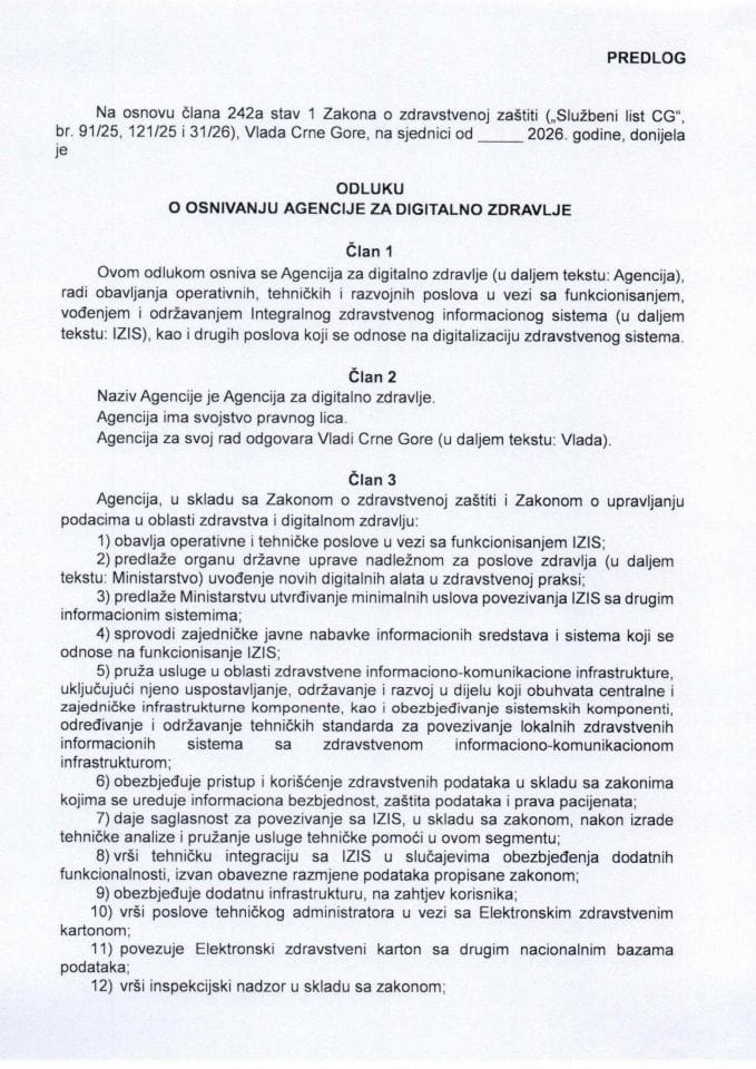 Predlog odluke o osnivanju Agencije za digitalno zdravlje